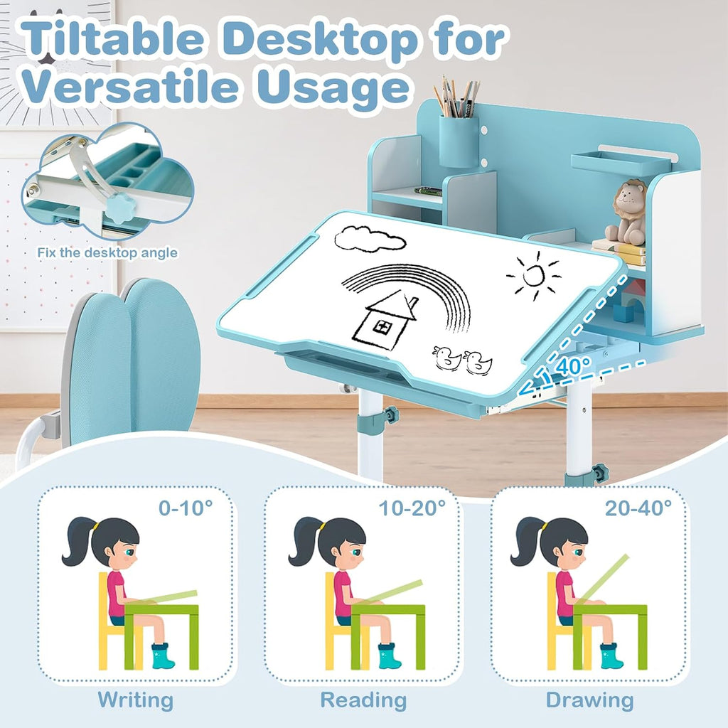 Costzon Kids Height-Adjustable Study Desk and Chair Set with Tilting Desktop, Pen Holder, Reading Stand, Footrest Bar, Ergonomic Design for Toddlers (Blue, 31.5"x21.5"x42")