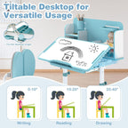 Costzon Kids Height-Adjustable Study Desk and Chair Set with Tilting Desktop, Pen Holder, Reading Stand, Footrest Bar, Ergonomic Design for Toddlers (Blue, 31.5"x21.5"x42")
