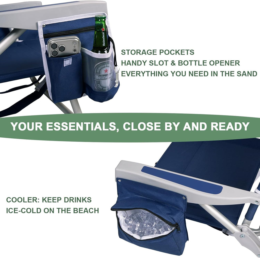 Romswi Extra Wide Beach Chair with Canopy Shade, 2 Pack Aluminum Folding Chairs with Detachable & Adjustable Umbrella, 5-Position Lay Flat, Cooler Bag, Cup & Phone Holder, Towel Bar, Navy Blue