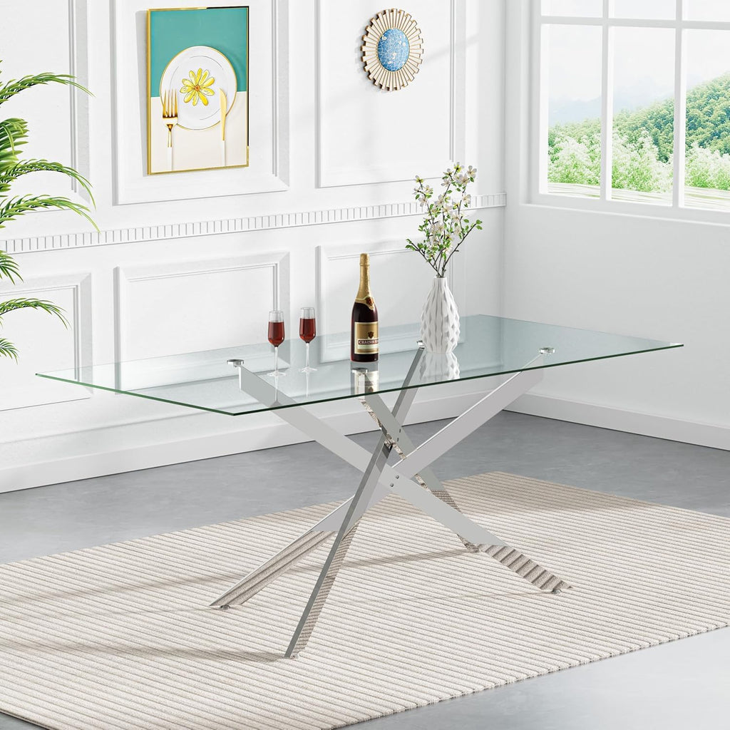 7 Piece Modern Dining Table Set of 6, 61" Tempered Glass Rectangle Dining Tables and 6 Leather Black Dining Chairs, 60 inch Kitchen Tables with Silver Metal Base, Large Dining Table Set