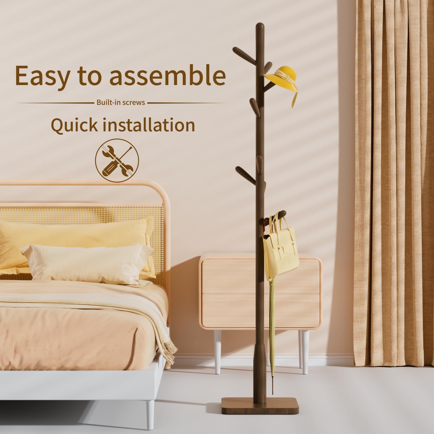 Solid Wood Square Base Coat Rack, Free Standing Hall Coat Tree with 8 Hooks（+2 spare) for Coats, Hats, Bags, Purses, for Entryway, Hallway, Rubberwood Hooks,Base and Pole,(Square Base, Dark Walnut)