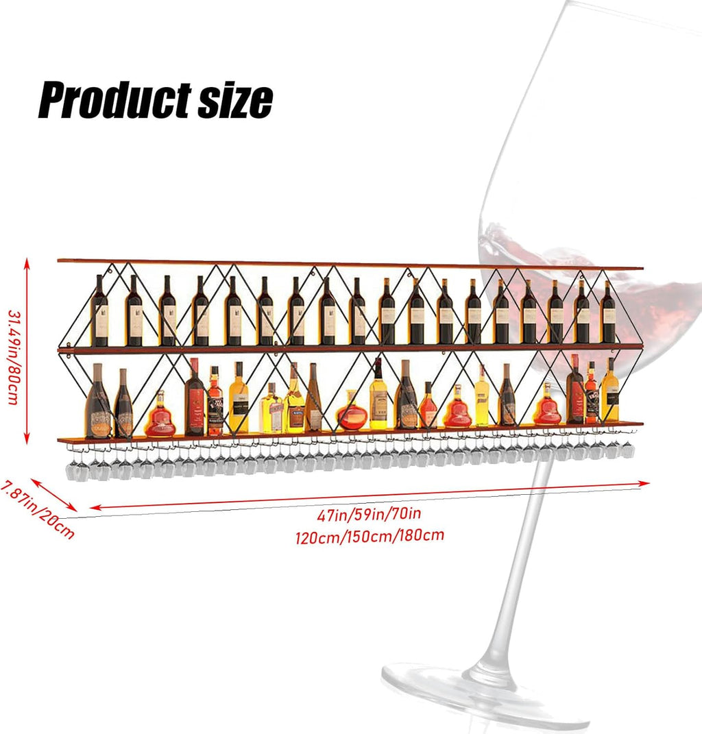 Large Wine Rack Wall Mounted Solid Wood DIY Floating Bar Liquor Bottles Storage Rack Hanging Holder Wine Bottle Racks for Home Bar Dining Room Decorative (71in/180cm)