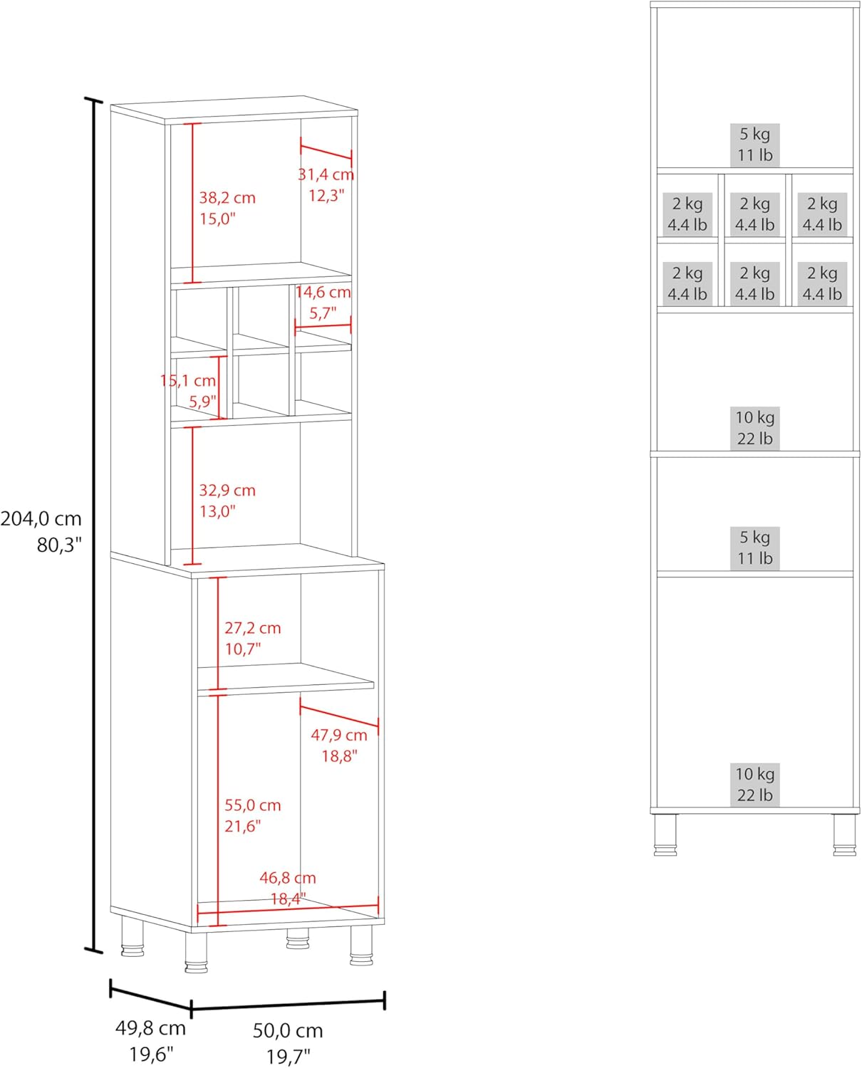 19.7" D*19.6" W*80.3" H Storage Cabinet with 6 Spice Cubbies, 2 Shelves & Single Door, Rectangular Kitchen Pantry, Modern Minimalist, for Living Room, Dining Room, White