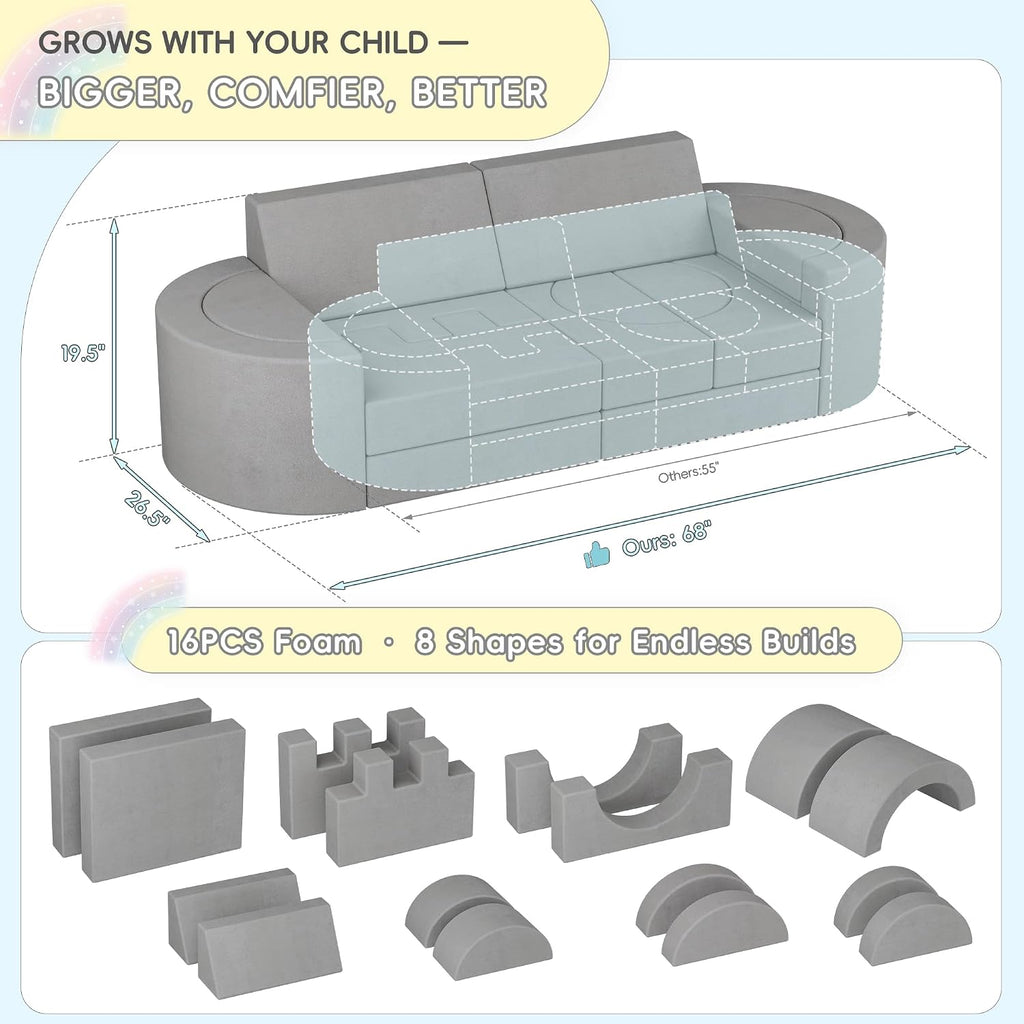 Betterhood 16pcs Modular Kids Play Couch, 1000+DIY Versatile Child Sectional Sofa for Playroom Bedroom, Convertible Foam Cushion for Boys & Girls, Grey