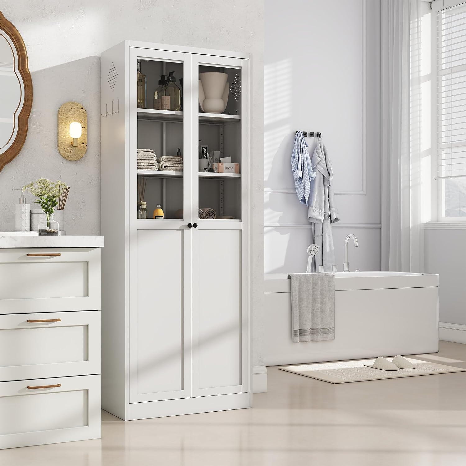 Kitchen Pantry Cabinet, 72" H Storage Cabinet with Glass Doors and Adjustable Shelves, Metal Bathroom Cabinets, Utility Cabinets for Kitchen, Living Room Assembly Required, White