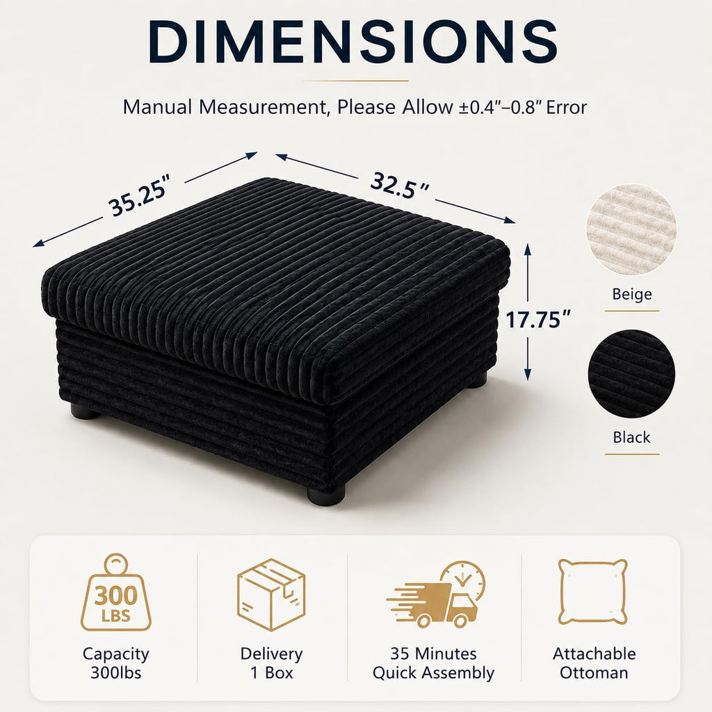 35.3" Corduroy Ottoman with Storage Oversized Ottoman for Modular Sectional Couches Foot Rest Stool with Hidden Compartment for Living Room, Apartment (Black, 35.3")