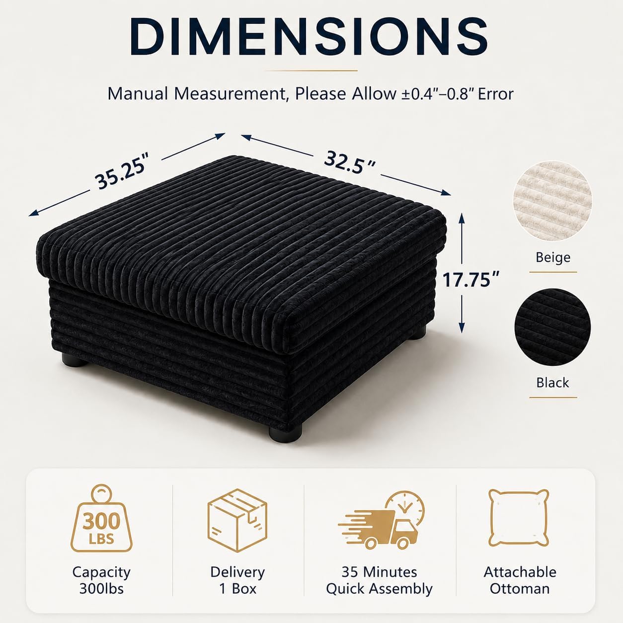 35.3" Corduroy Ottoman with Storage Oversized Ottoman for Modular Sectional Couches Foot Rest Stool with Hidden Compartment for Living Room, Apartment (Black, 35.3")
