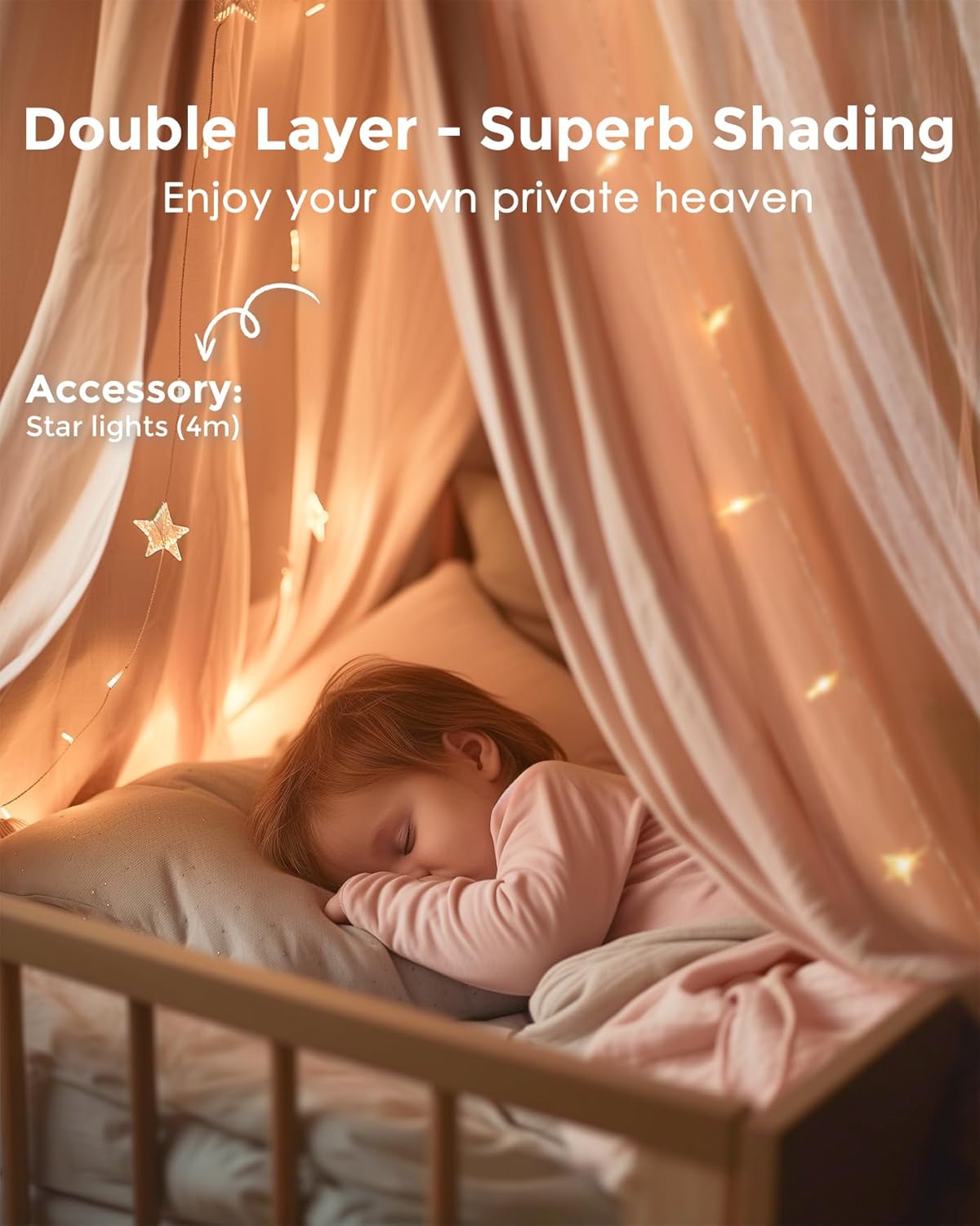 little dove Bed Canopy with Star Lights, Double Layer Canopy for Bed, Princess Play Tent for Girls Room, Breathable Bed Curtain for Children Reading Nook, Machine Washable, 25.6''x106'', Pink