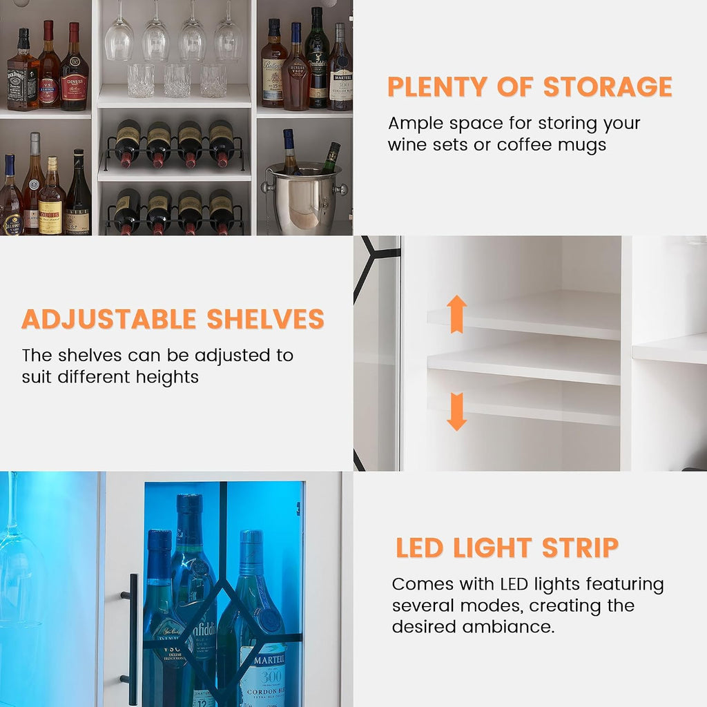 GarveeHome Wine Bar Cabinet with LED Light, Home Coffee Cabinet with Wine and Glass Rack, Kitchen Buffet Sideboard with Storage, Liquor Cabinet for Bar, Dining Room, Kitchen,White
