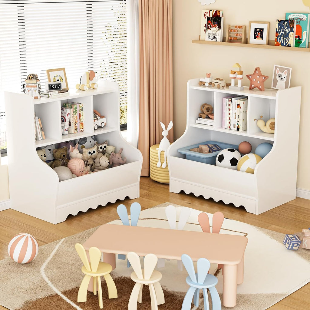 Marcytop Kids Toy Storage Organizer, Wooden 4 Cubby Children Book Toy Shelf, Toddler Baby Bookshelf with Storage, Montessori Kids Bookshelf and Toy Storage for Kids Rooms Playroom Organization