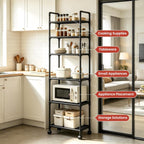 GOESWELL 6-Tier Slim Storage Cart: Rolling Utility Cart on Wheels with 2 Lockable Casters, Narrow Metal Shelving Unit for Kitchen Bathroom Laundry Home Organizer Black