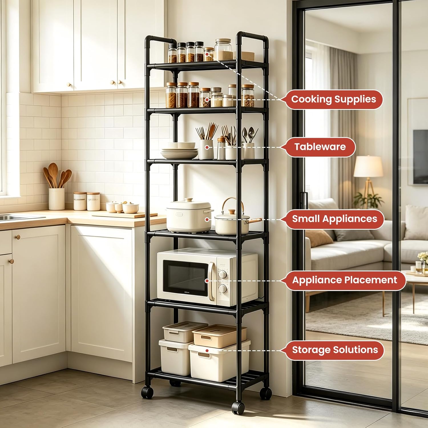 GOESWELL 6-Tier Slim Storage Cart: Rolling Utility Cart on Wheels with 2 Lockable Casters, Narrow Metal Shelving Unit for Kitchen Bathroom Laundry Home Organizer Black