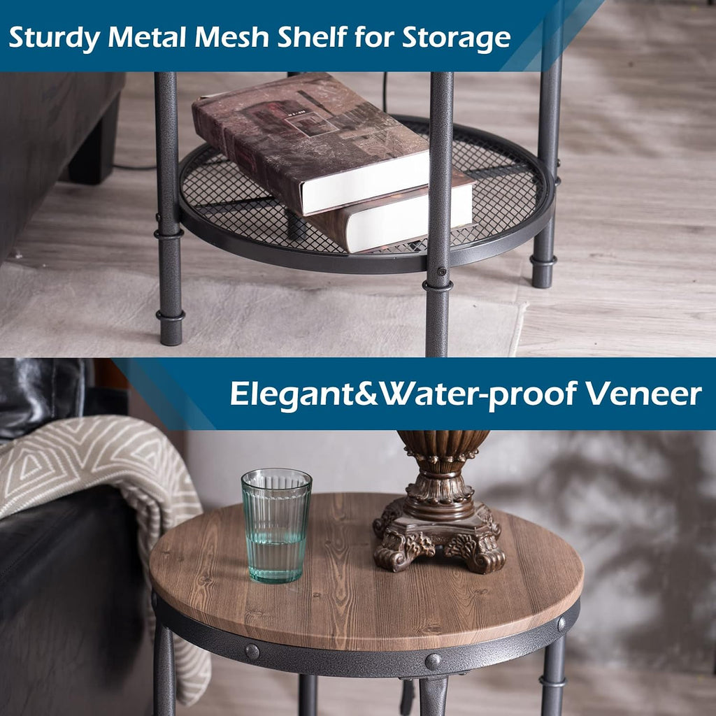 VINGLI Industrial Round End Table - 20" Metal & Wooden Side Table for Couch & Living Room