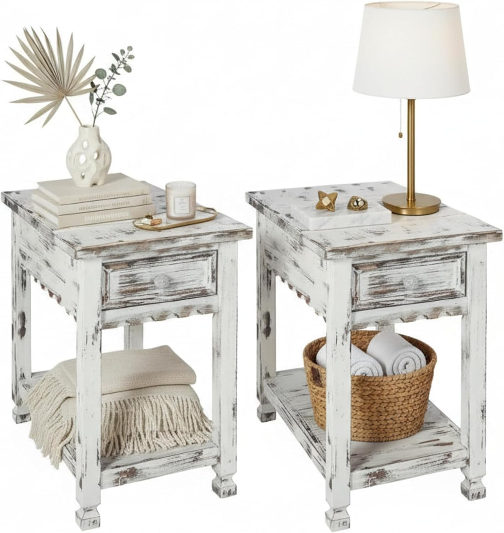 Alaterre Furniture Country Cottage Chairside End Table Set of 2 – Narrow Rustic Farmhouse Side Table with Drawer & Lower Shelf for Living Room or Bedroom (Distressed White Finish)