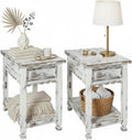 Alaterre Furniture Country Cottage Chairside End Table Set of 2 – Narrow Rustic Farmhouse Side Table with Drawer & Lower Shelf for Living Room or Bedroom (Distressed White Finish)