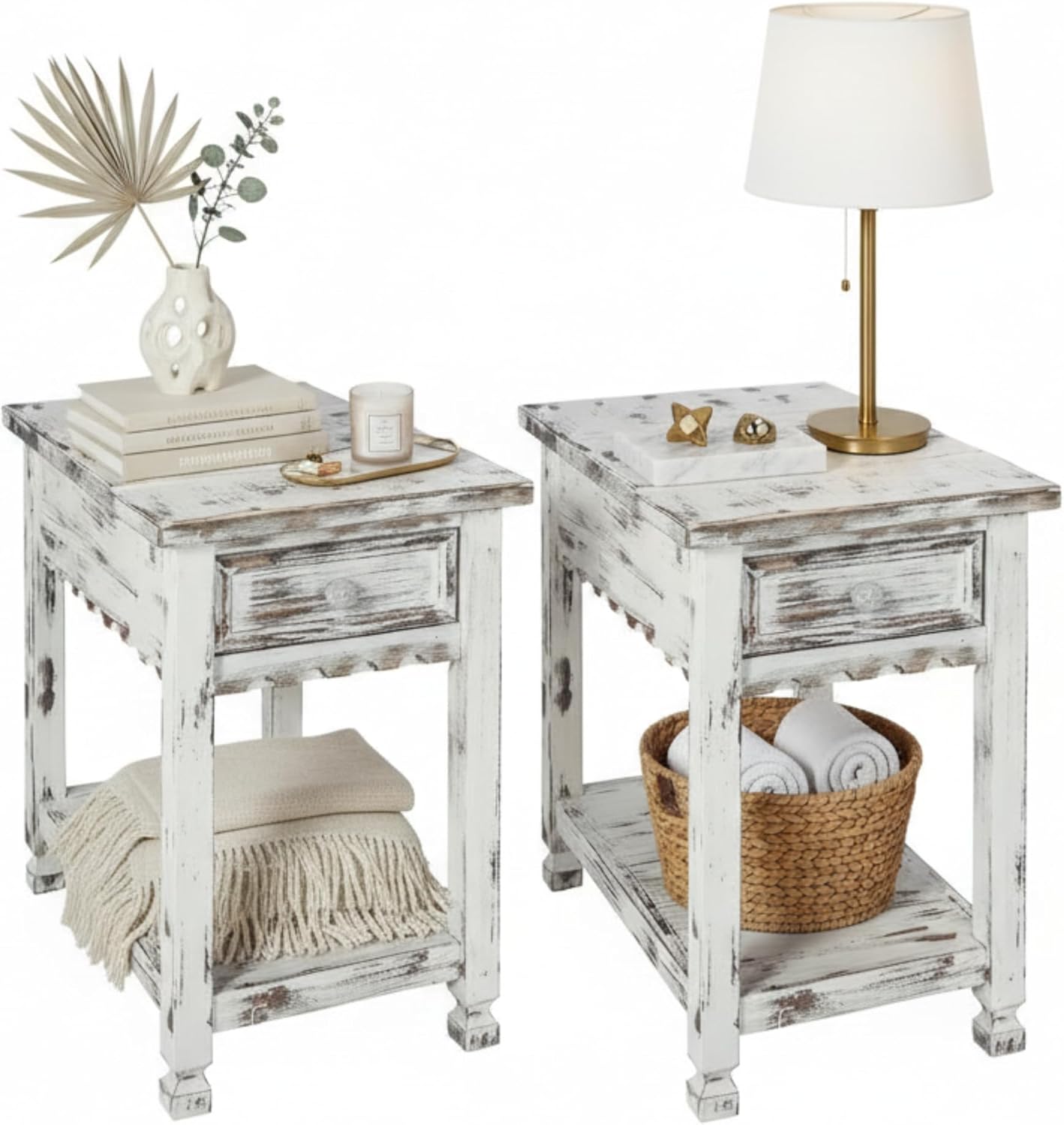 Alaterre Furniture Country Cottage Chairside End Table Set of 2 – Narrow Rustic Farmhouse Side Table with Drawer & Lower Shelf for Living Room or Bedroom (Distressed White Finish)