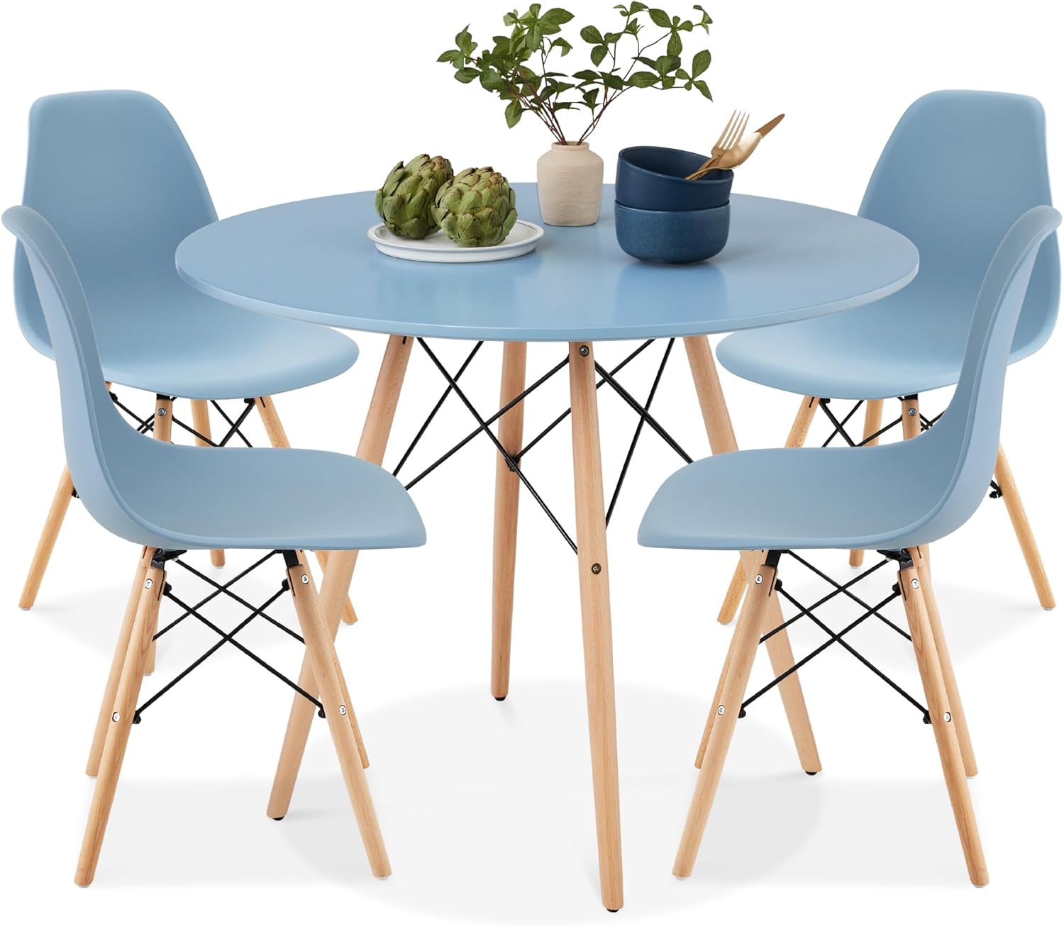 Best Choice Products 5-Piece Dining Set, Compact Mid-Century Modern Table & Chair Set for Home, Apartment w/ 4 Chairs, Plastic Seats, Wooden Legs, Metal Frame - Blue/Oak