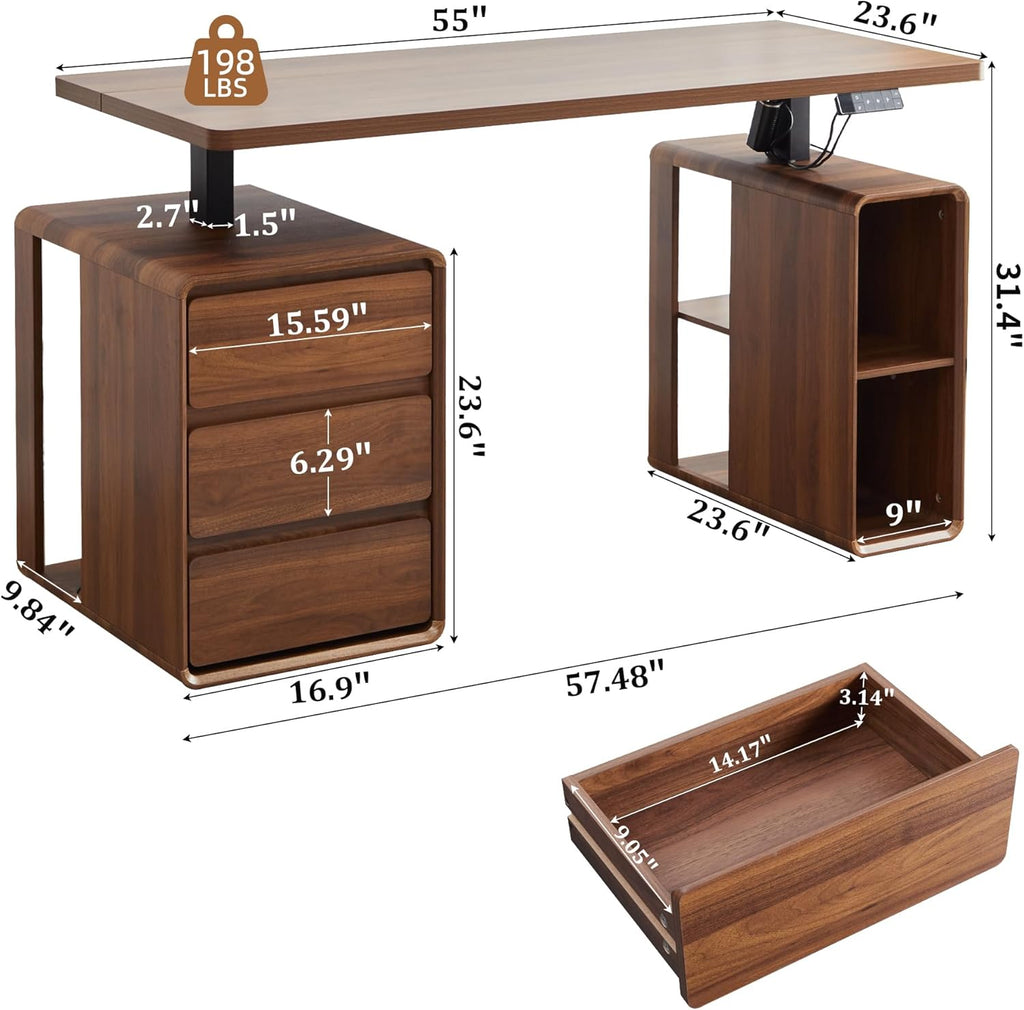 Electric Standing Desk with Drawers, 55" Office Desk Height Adjustable Executive Desk with Storage Shelves, Simple Setup Wood Desk Home Office Stand up Desk for Work, Study, Writing, Walnut