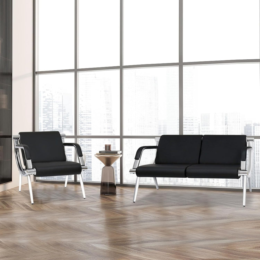 kinbor Waiting Room Chairs Office Bench - Black PU Leather Airport Seating Reception Chairs with Armrest for Waiting Room Office Bank Salon