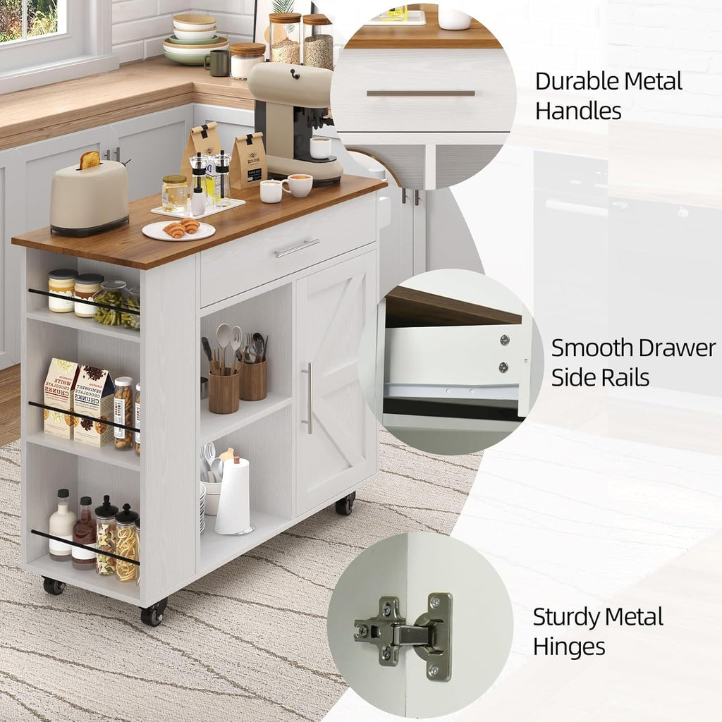 4 EVER WINNER 39" Rolling Kitchen Island with Storage and Drawer, Farmhouse Kitchen Island on Wheels with 3-Tier Spice Rack, Adjustable Shelf & Towel Rack, Mobile Kitchen Cart for Small Space, White