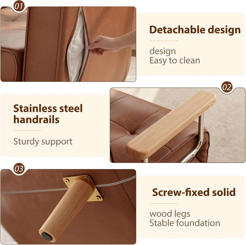 SUIYIMU Folding Chair Bed, 3-in-1 Convertible Sleeper Chair Bed (Natural Wood-Faux Leather)
