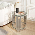 19.7" Luxury Round Silver End Table with 2-Tier Clear Tempered Glass Shelves, Modern Sofa Bedside Table for Living Room Bedroom Home Office, Polished Stainless Steel Frame
