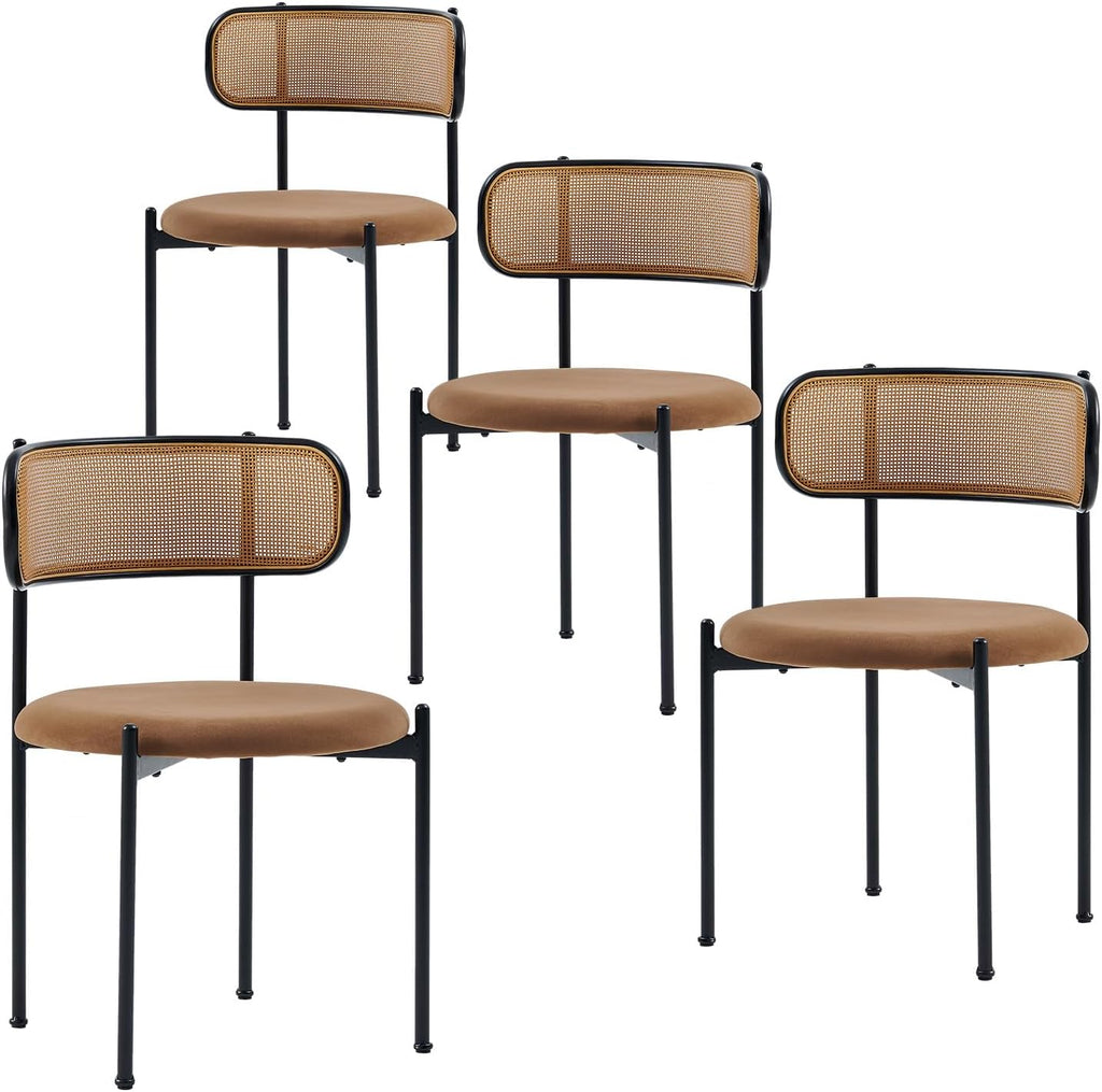 Brown Rattan Dining Chairs Set of 4, Mid-Century Modern Chair with Boucle, Kitchen Dining Room Chairs for Living Room with Metal Legs, Round Upholstered Sherpa