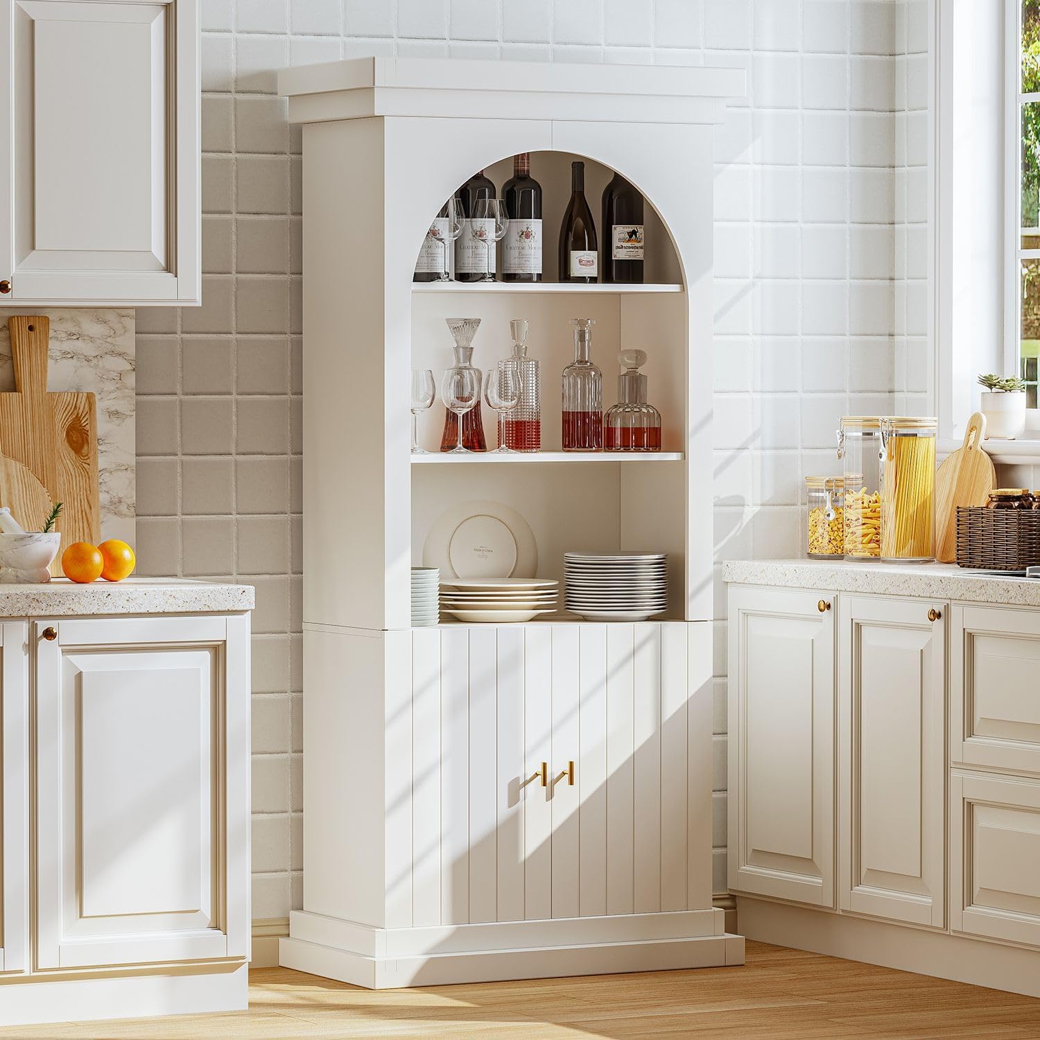 71" Arched Kitchen Pantry Cabinet, Tall Half Open Storage Cabinet with Drawers, Modern Display Hutch for Dining Room, Living Room, White with Gold Handles, 2 of Set