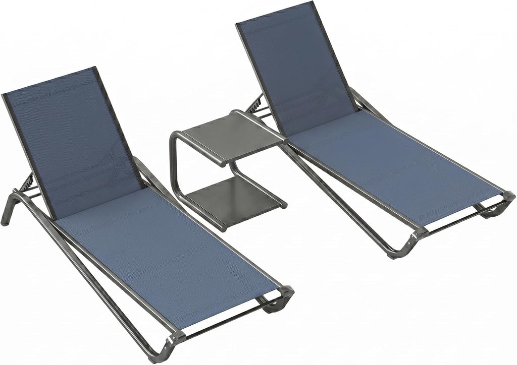 Outdoor Aluminum Textilene Chaise Lounge,2 Pieces Patio Lounge Chairs with Iron Side Table,6 Adjustable Positions, Stackable & Easy Assembly,400lbs Capacity,Breathable for Pool,Deck,Balcony,Navy Blue