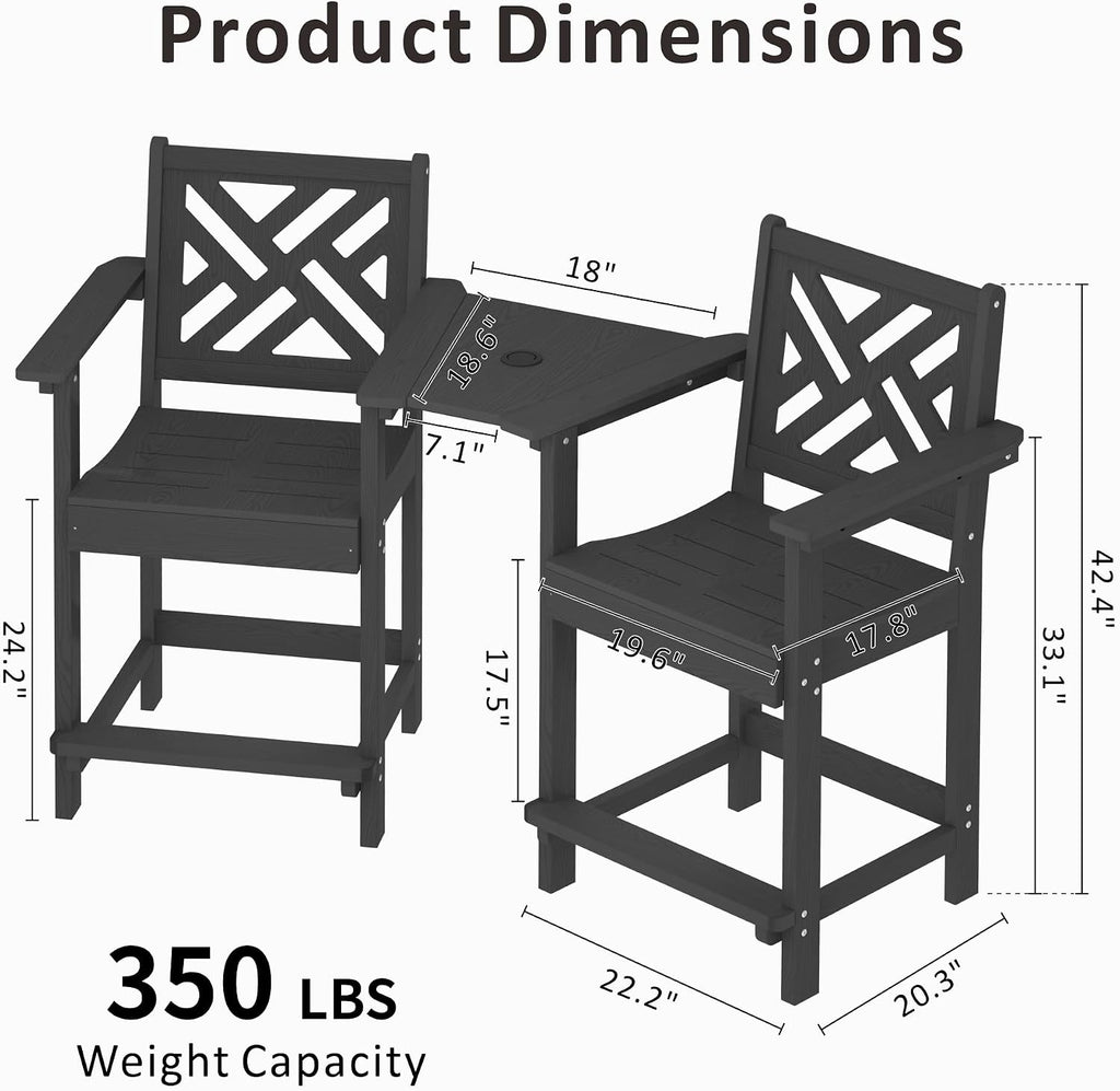HDPE Outdoor Adirondack Bar Chairs Set of 2,Tall Adirondack Chairs with Umbrella Table,bar stools with Back for Patio Backyard Swimming Pool Durable Weather Resistant Design Black