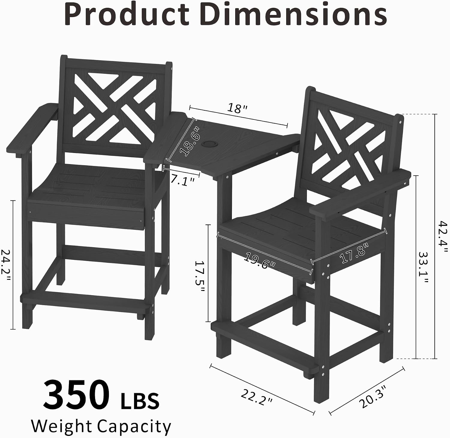HDPE Outdoor Adirondack Bar Chairs Set of 2,Tall Adirondack Chairs with Umbrella Table,bar stools with Back for Patio Backyard Swimming Pool Durable Weather Resistant Design Black