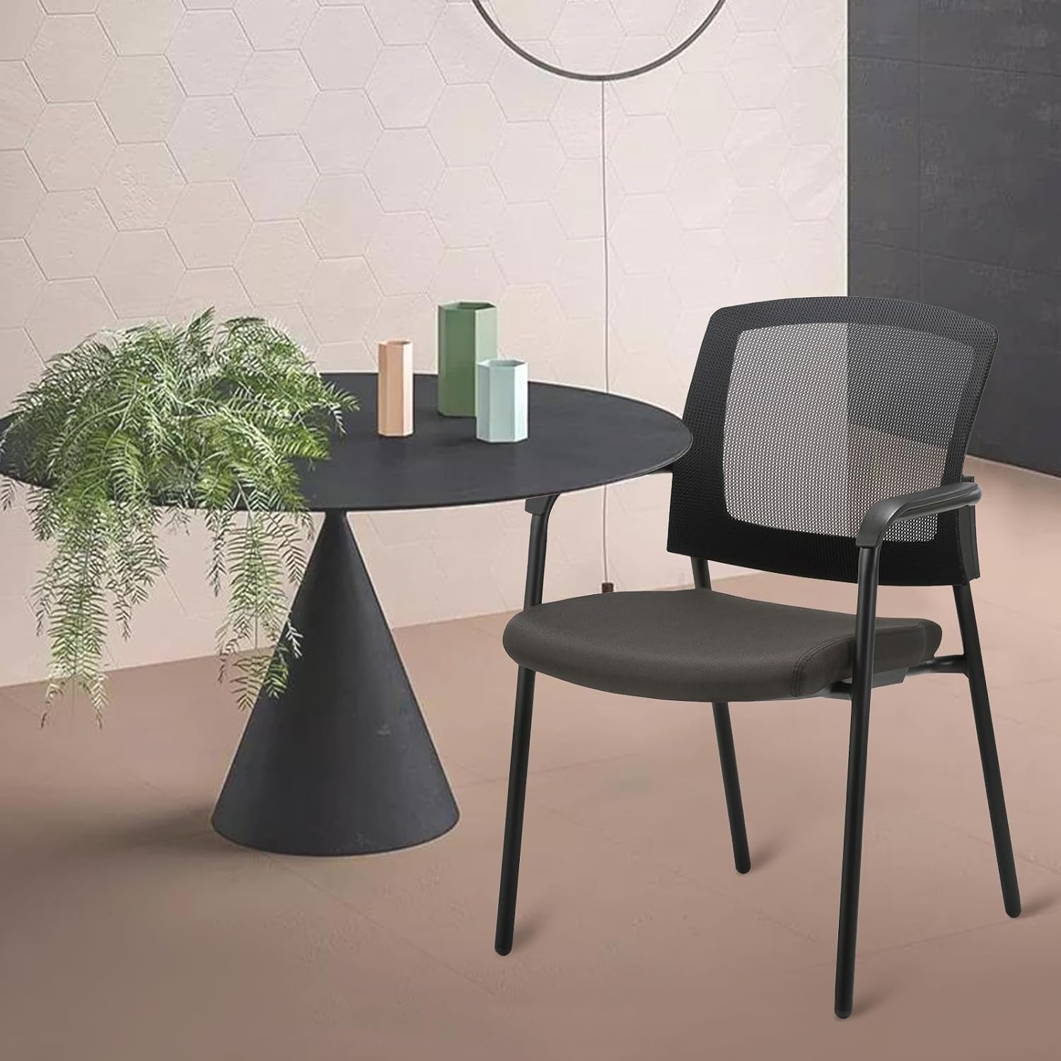 CLATINA New Classic Reception Guest Chair with Mesh Back and Armrests, Ergonomic Stacking Chair with Thickened Seat Cushion for Office Conference Waiting Room, Black (1 Pack)
