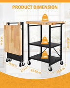 Mythinglogic Foldable Kitchen Storage Cart, 3-Tier Rolling Cart with Solid Oak Top, Heavy-Duty Metal Utility Rack for Microwave, Pots, Dish Set, Meal Prep Area, Kitchen Island on Lockable Wheels
