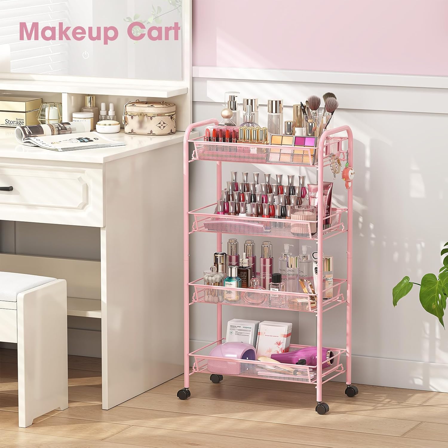 TOOLF 4 Tier Rolling Utility Cart - Durable Metal Design Pink Utility Cart, Storage Trolley on Wheels with 3 Hooks, Perfect for Kitchen, Bathroom & Laundry Room Organization