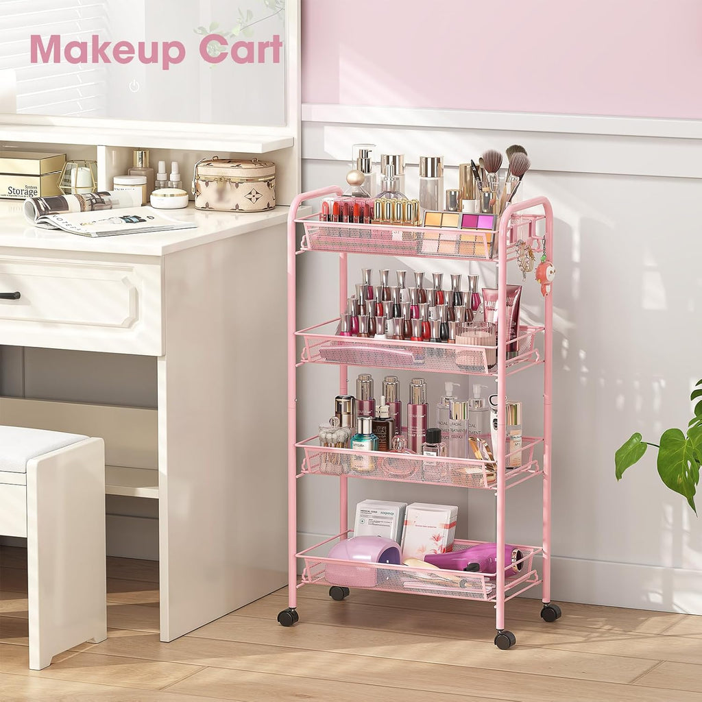 TOOLF 4 Tier Rolling Utility Cart - Durable Metal Design Pink Utility Cart, Storage Trolley on Wheels with 3 Hooks, Perfect for Kitchen, Bathroom & Laundry Room Organization