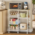 Rolling Kitchen Storage Microwave Cart & Kitchen Island on Wheels, Adjustable Shelf, Lockable Wheels, 27.75" L × 15.35" W, Bakers Rack Microwave Stand with Tilt-Out Baskets, Kitchen, Coffee Bar, White
