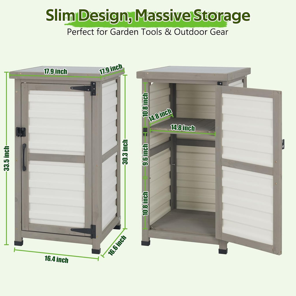 Small Outdoor Storage Cabinet with Metal Top, 2-Tier Patio Potting Bench & Garden Tool Organizer, Adjustable Shelf Corner Storage Cabinet for Balcony Backyard Porch