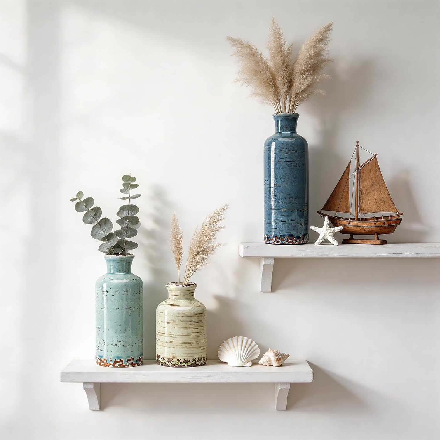 Vintage Ceramic Flower Vase Set of 3, Rustic Farmhouse Vase for Home Decor, Distressed Decorative Vase for Table Entryway Mantel Centerpiece Living Room Bathroom Bedroom (Pale Teal Wood)