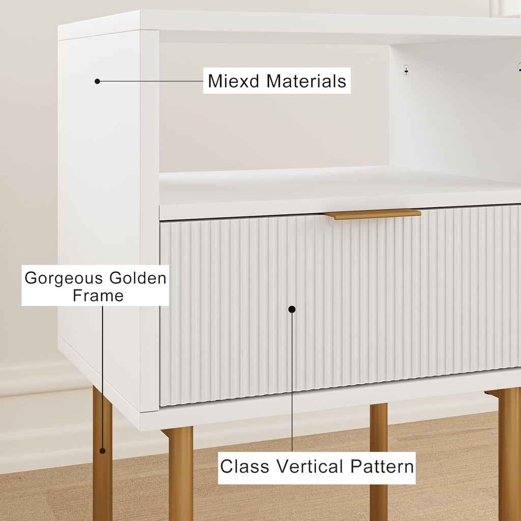 Masupu Nightstand,Mid-Century Modern Bedside Table with Storage Drawer and Open Wood Shelf,Small Gold Frame Side Table for Bedroom,Living Room,White