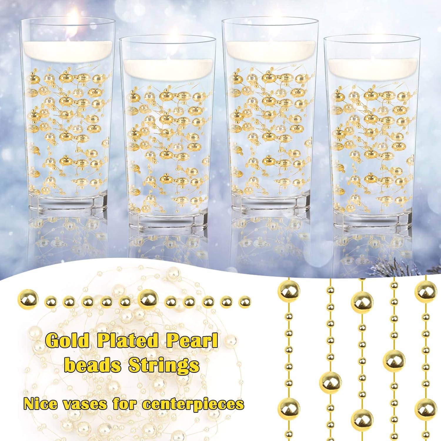 Billbotk 30 Pieces Floating Pearls Beads String for Floating Candles, Gold Vase Fillers for Centerpieces Faux Pearls Beads String for Wedding Celebration Party Decor