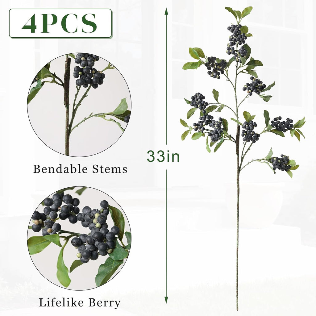 Juxdp 33" Artificial Blueberry Stems for Vase - 4 Pcs Lifelike Faux Blueberries Fruit Branch, Fake Flower Picks for DIY Bouquet, Table Centerpiece, Kitchen, Shower, Home Decoration (Blue)