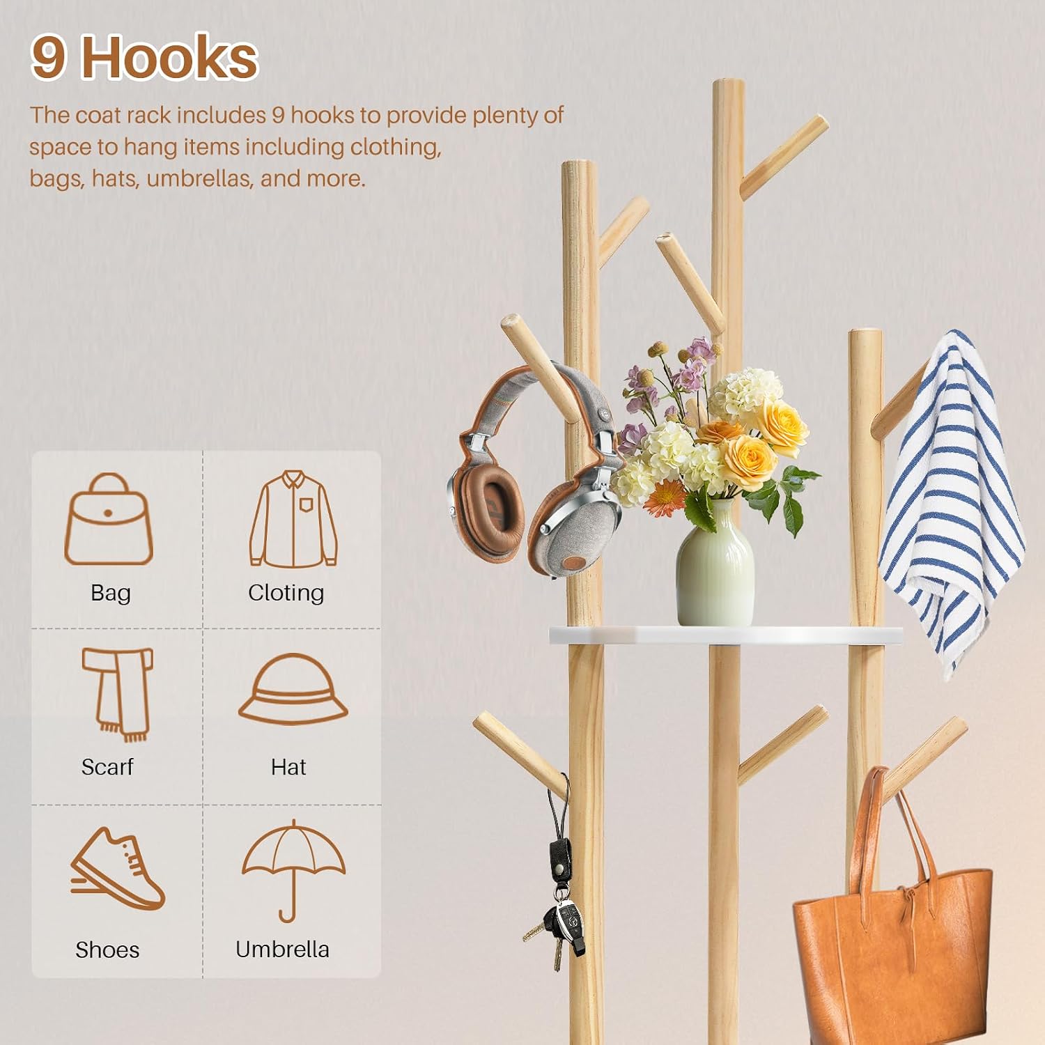 LIWSHWZ Rotary Coat Rack Freestanding,Solid Wood Coat Hanger Stand with 9 hooks & 3 Storage Shelves for Bedroom, Entryway, Livingroom