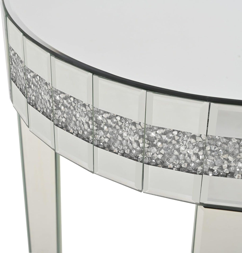 Round Mirror Accent Table with Crushed Diamond Edge Frame, 19.7" Mirrored End Table with Crystal Legs for Living Room Entryway, Small Space Side Table