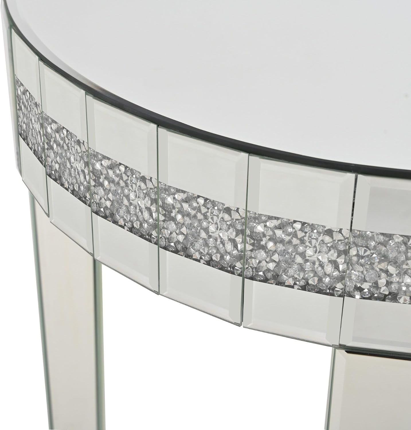 Round Mirror Accent Table with Crushed Diamond Edge Frame, 19.7" Mirrored End Table with Crystal Legs for Living Room Entryway, Small Space Side Table