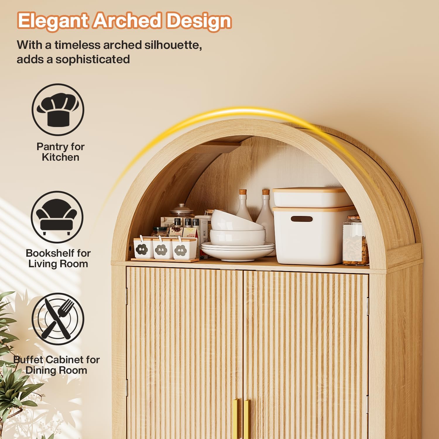 PRETZI 71" Tall Arched Pantry Cabinet, Arched Fluted Kitchen Storage Cabinet with Doors and Adjustable Shelves, Modern Natural Wood Cupboard Organizer for Kitchen, Dining Room, Living Room