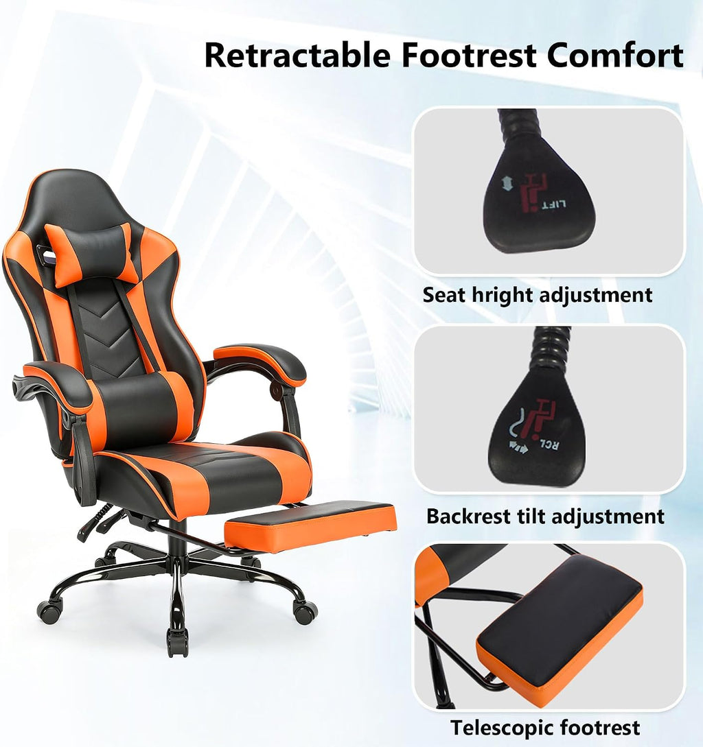 Big and Tall Gaming Chair with Footrest, Ergonomic Computer Desk Chair with Lumbar Support & Headrest, High Back PU Leather Gaming Office Chair, Reclining Swivel Task Chair for Office or Gaming