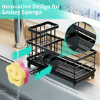 HapiRm Sponge Holder for Kitchen Sink - Self-draining Sink Caddy with Smiley Face and Brush Holder, Stainless Steel Kitchen Countertop Essentials and Gadgets - Black