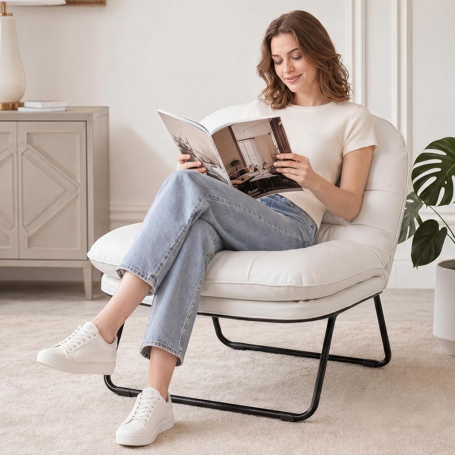 DUMOS Comfy Saucer Chair,PU Leather Foldable Chairs for Bedroom, Living Room, Dorm & Gaming, Small Foldable Fashion Floor Chair with Back Support for Small Spaces Adults, Snow White