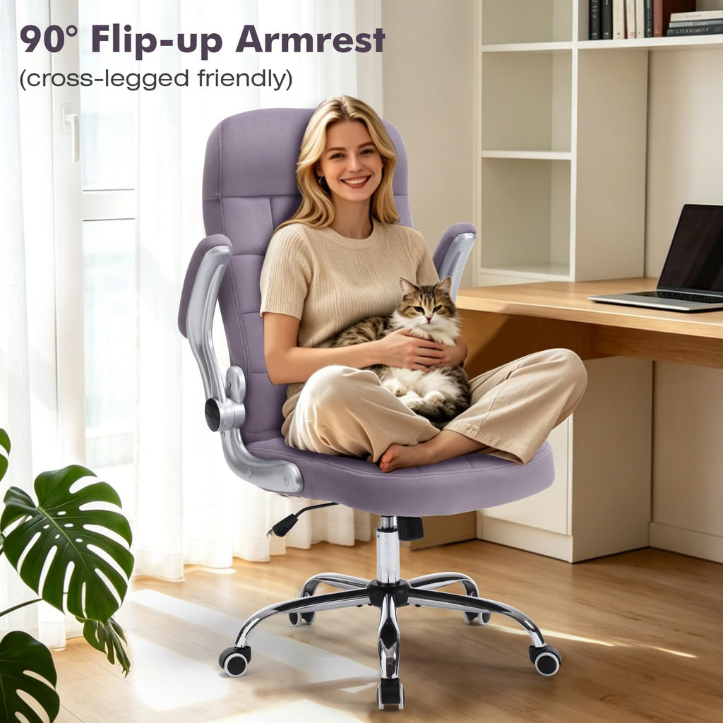 High Back Velvet Office Chair Purple, Comfy Home Executive Desk Chairs with Flip-Up Arms, Fabric Ergonomic Chairs with Lumbar Support, Stylish Computer Swivel Chair with Wheels for Women