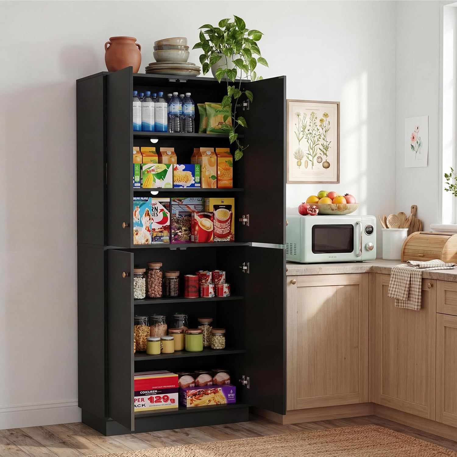 TROPOW Kitchen Pantry Storage Cabinet, 67" Tall Food Pantry with Adjustable Shelves & Anti-Tip Design, Large Kitchen Hutch Cabinet for Dining Room Living Room, Black